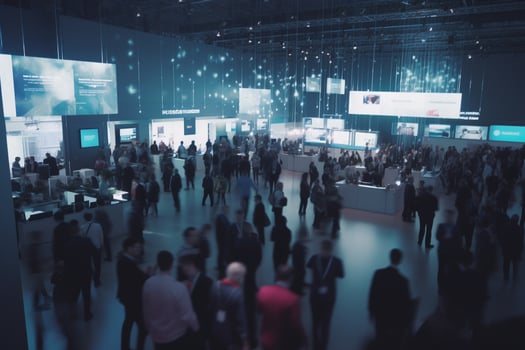 Busy trade fair with a sea of booths and blurry business people photo