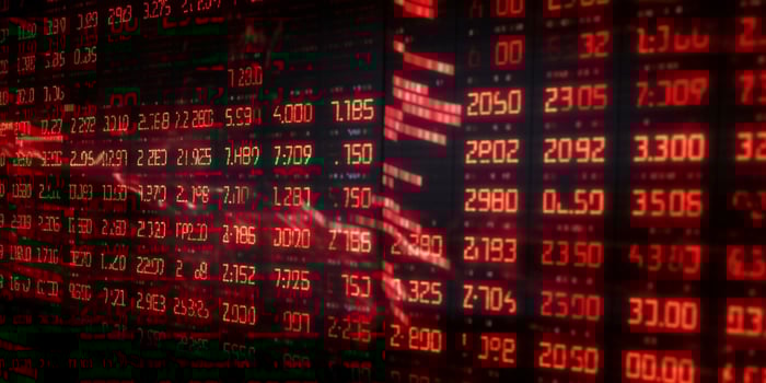 Financial Meltdown Stock Ticker with Cryptic Symbols and System Failure photo