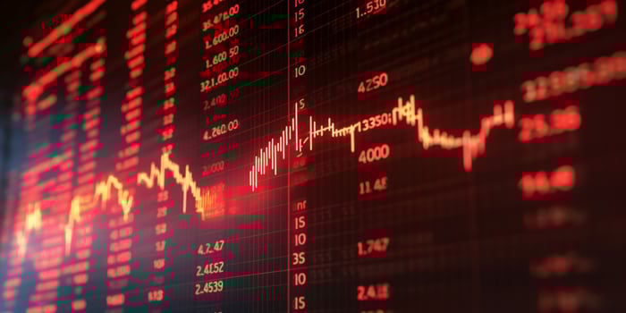 Financial Meltdown Stock Ticker with Cryptic Symbols and System Failure photo