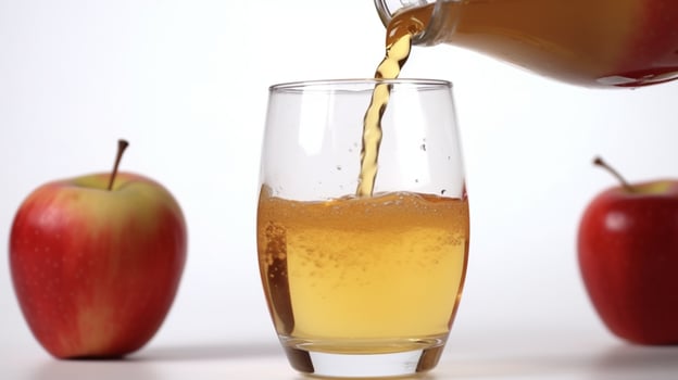A glass of Apple juice is poured into a glass. . photo