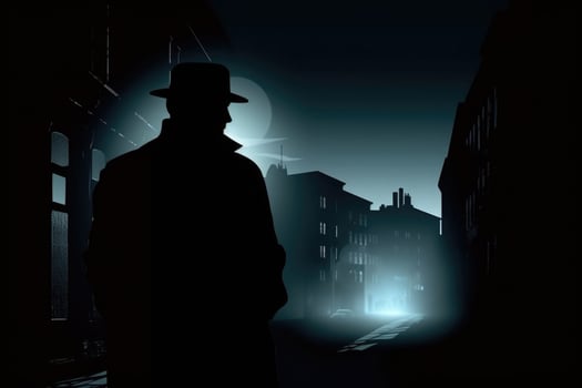 Silhouette of man in old fashioned hat and coat at night street. photo