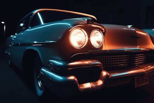 Illuminated retro classic car at night. photo