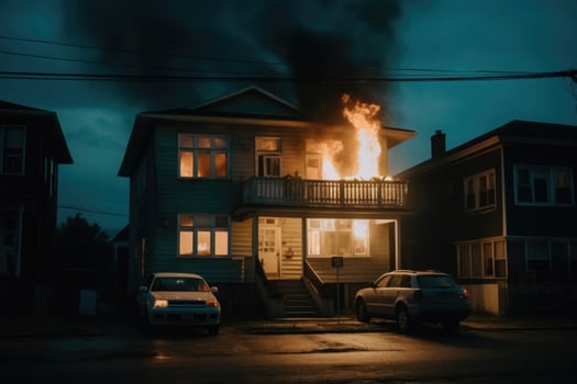 Burning house in the night. Residential house in fire. photo