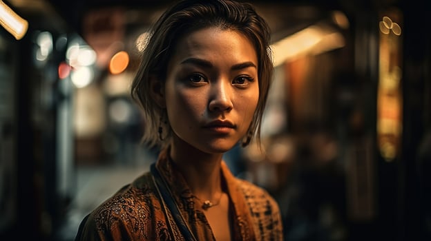 A woman stands in a street in front of a blurry background. photo