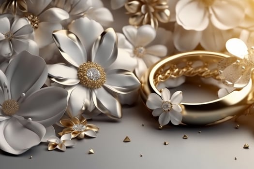 mural illustration background with golden jewelry and flowers, decorative wallpaper. photo