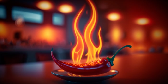 Fiery Red Hot Chili Pepper with Flames and Fire Illustration photo