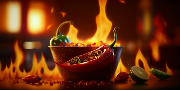 Illustration of Bowl of Chili with Chili Peppers, Flames and Fire photo