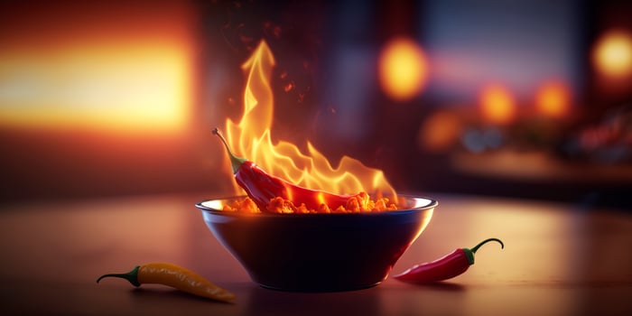 Illustration of Bowl of Chili with Chili Peppers, Flames and Fire photo
