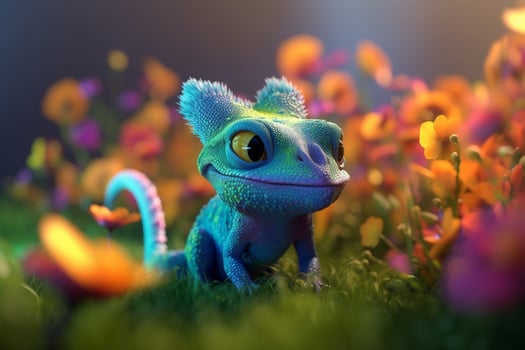 Colorful chameleon enjoying the flower garden scenery photo