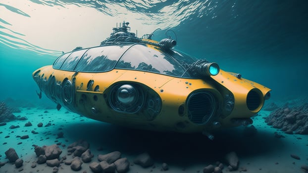 Yellow submarine floating in deep blue sea photo