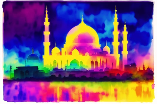 Silhouette of mosque on colorful background. Ramadan Kareem. Abstract colorful background. Watercolor paint. Digital art, photo