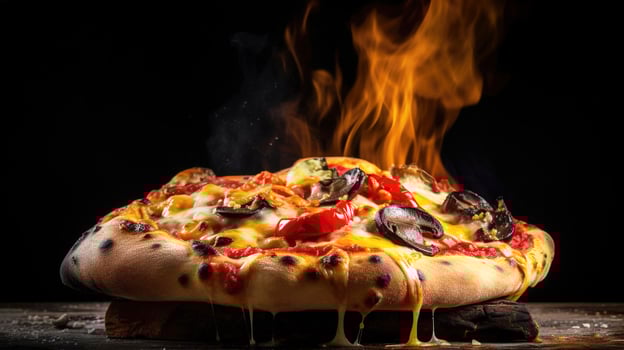 Wood fired pizza with salami, pepper and cheese on a wooden board with smoke and flames. Black backdrop. photo