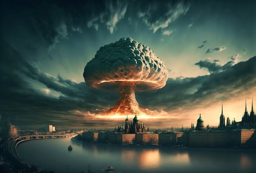 Illustration of huge nuclear bomb explosion over  city. Generative A photo