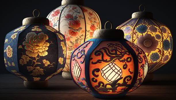 Vibrant Chinese Paper Lanterns Hanging in a Festive Setting photo