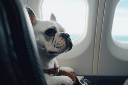 Dog near window on board an airplane Traveling with pets. photo