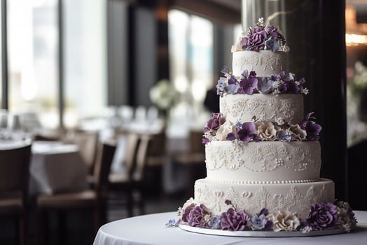 Large wedding cake on the table in the banquet hall. photo