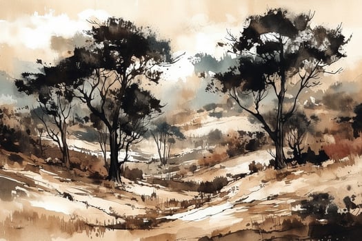 Digital painting of pine trees in the field. Watercolor illustrati photo
