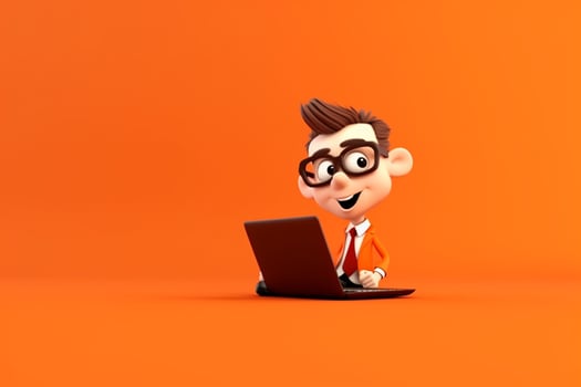 3D illustration of a cartoon character with a laptop on orange background photo