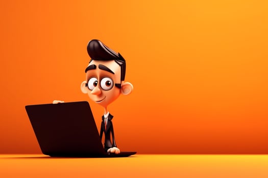3D illustration of a cartoon character with a laptop on orange background photo