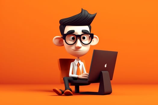 3D illustration of a cartoon character with a laptop on orange background photo