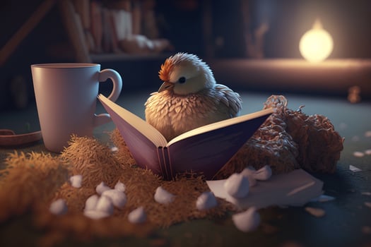 Cozy Chicken Reading a Book in a Straw Nest in a Well-Lit Barn photo