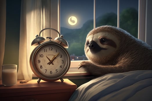 Tired and exhausted sloth lies in cozy bed in the evening photo