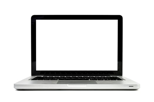Clipping path. Modern Laptop isolated empty white screen on white background view. Mockup laptop white screen view. photo