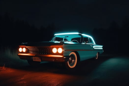 Illuminated retro classic car at night. photo