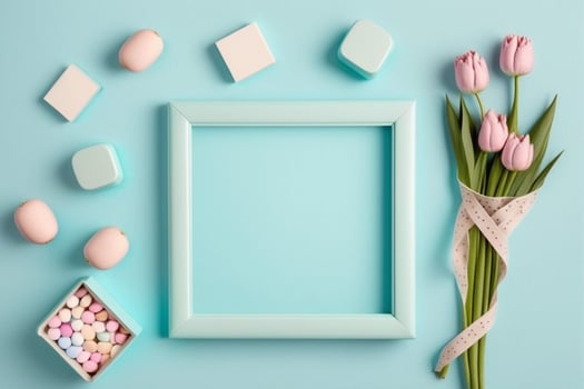 Beautiful tulips flowers and blank frame, photo