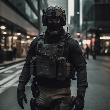 Army soilder who wear black tactical closes with a nocturn vision. photo