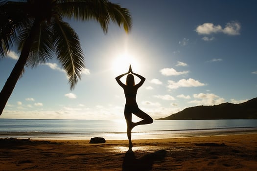 A young woman does yoga in the sun at a tropical beach created with technology. photo
