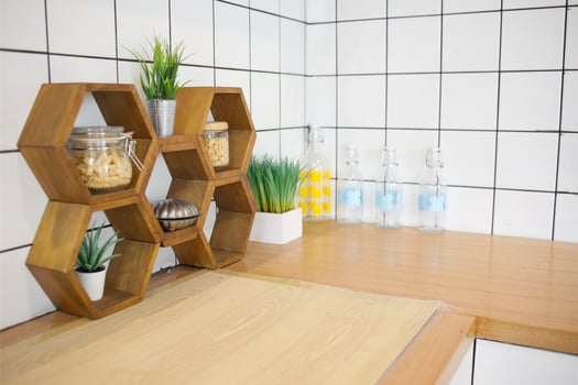 interior conner counter of a kitchen room with minimal style with white wall tile and wood floor photo