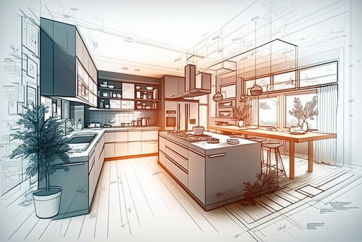 A technical drawing of a kitchen with 3D visualization photo