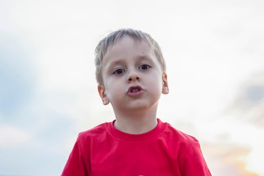 Cute Boy in a red T-shirt on the background of a stunning sunset. Journey.  The face expresses natural joyful emotions. Not staged photos from nature.