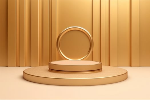 luxury gold background presentation product display podium stand or empty advertising pedestal showcase stage and golden wall studio scene on fashion backdrop with blank platform. photo