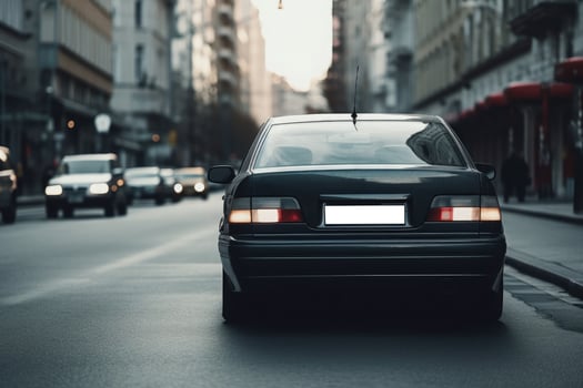 Sedans drive on streets in the middle of the city. rear view photo