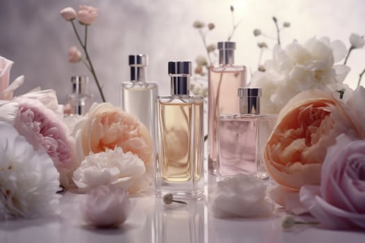 Perfume bottles, flowers and leaves on light background. photo