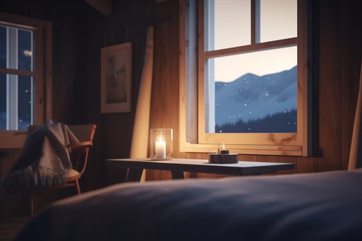 Morning View from Modern Wooden Cabin Hotel Room Overlooking Forested Mountains photo