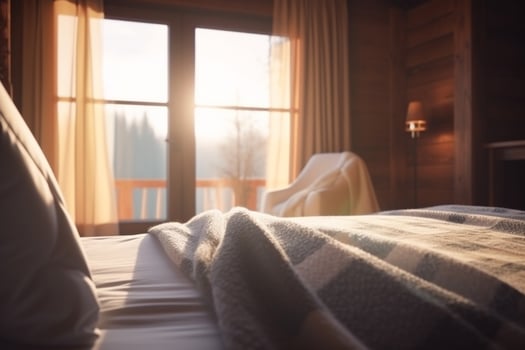 Morning View from Modern Wooden Cabin Hotel Room Overlooking Forested Mountains photo