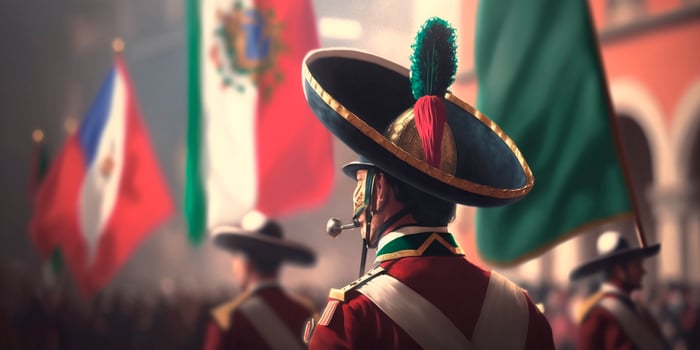 Celebrating the Courage of Soldiers on Cinco de Mayo in Mexico - Wooden Figure in a Festive Street photo