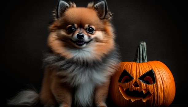 Adorable Pomeranian dog posing with a Halloween pumpkin photo