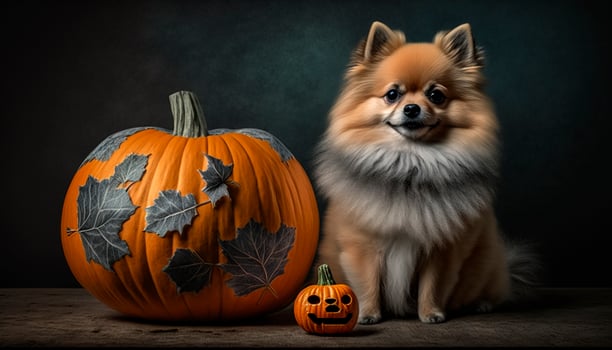 Adorable Pomeranian dog posing with a Halloween pumpkin photo