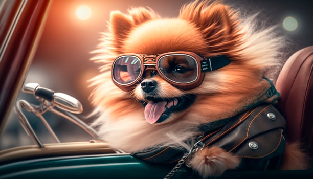 Riding Shotgun Adorable Pomeranian Dog with Aviator Goggles on a Motorcycle Sidecar photo