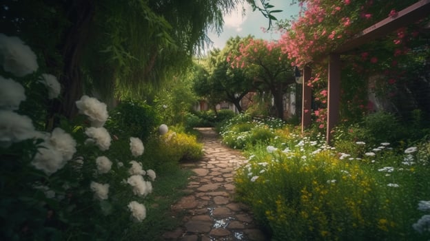 , Beautiful summer private garden with many flowers and plants, nature landscape, english countryside cottage style photo