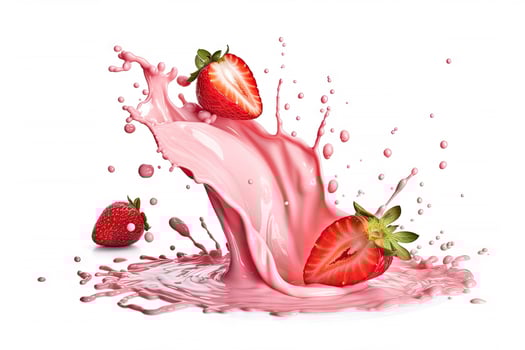 Strawberries and berries milk smoothie splash isolated on white background, creamy yogurt, dessert sweeties dipped products, with . photo