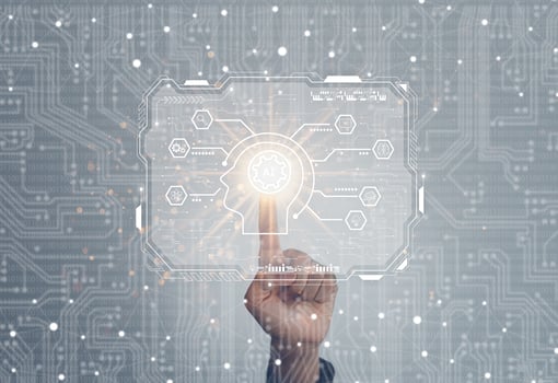 Business man touch the digital screen on the AI icon artificial intelligence. Machine learning concept, big data, science, innovation technology, cloud computing photo