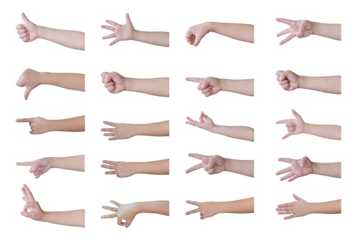 Set of child hands showing symbols and gestures Isolated on white background. with clipping path. photo