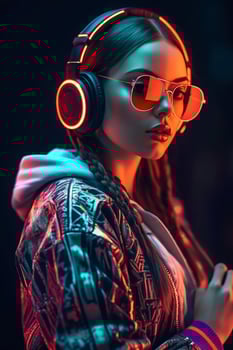 Portrait a beautiful woman wearing headphone ai generate photo