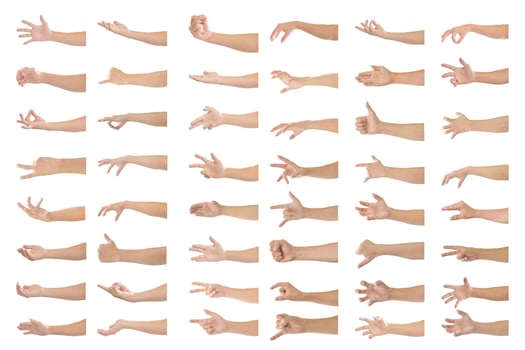 Collection of human hands in multiple gesture isolated on white background with clipping path. photo