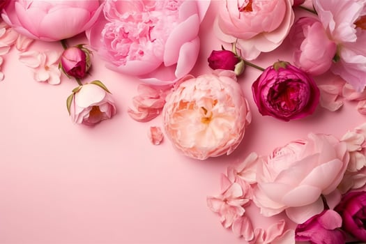 Peonies, roses on pink background with copy space. Abstract natural floral frame layout with text space. Romantic feminine composition. Wedding invitation , generate ai photo